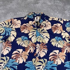 Vintage Tori Richard Hawaiian Shirt Mens Large Blue Monstera Leaf Button Up USA
